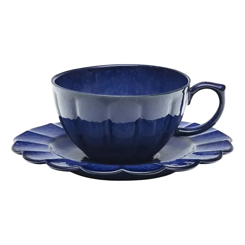 Jogo 6 Xícaras Chá 220ml Azul Porcelana Oxford Com Pires Liso Com Alto Relevo