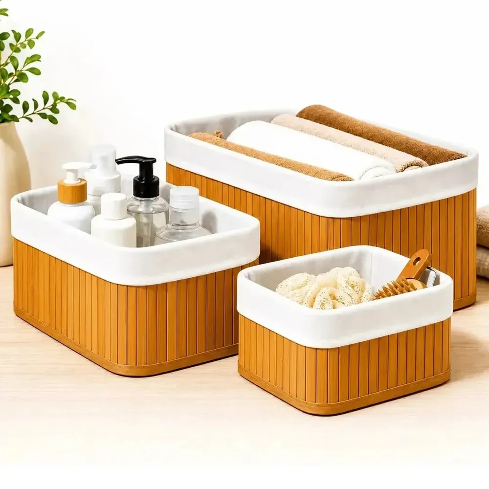 Kit 3 Cestos Domésticos Organizadores De Bambu Multiuso Bege