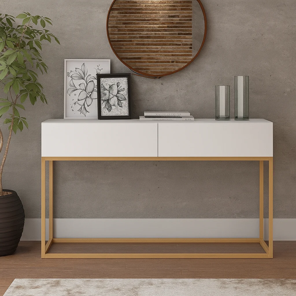 Aparador Buffet Para Sala Cozinha 2 Gavetas Eros 90cm ou 110cm Estilo Industrial Pé Ferro Dourado