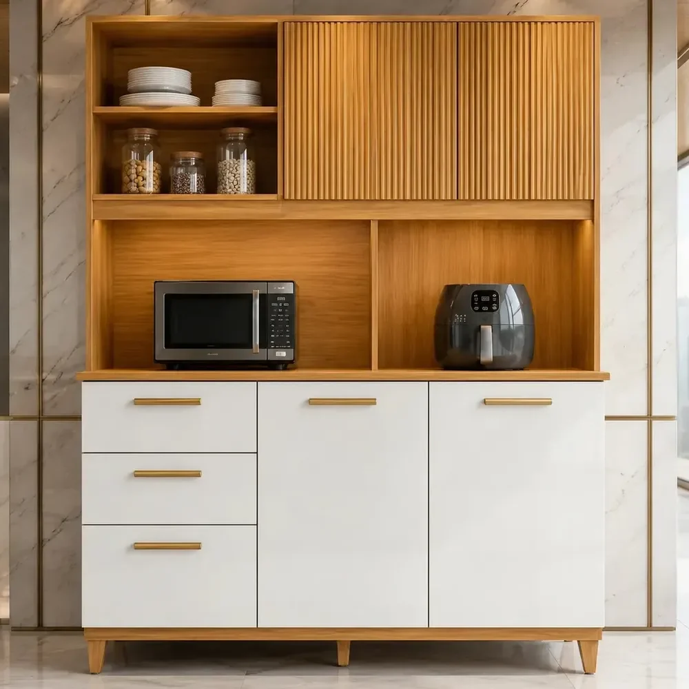 Kit Armário Compacto Kit Cozinha Poliman Com 5 Portas 2 Gavetas Sicília Médio Mdp Pintura Uv Branco Organizador Design Moderno Cor Freijó Off Ripado Frisado