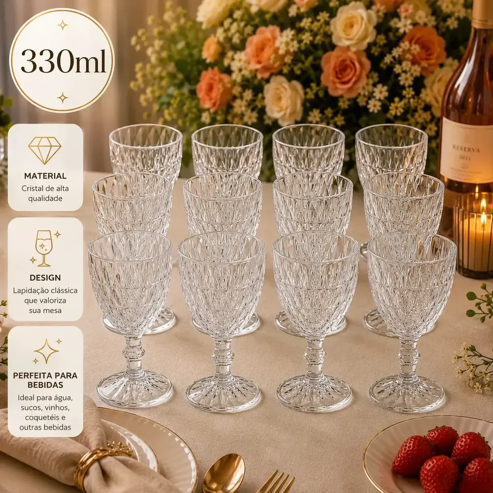 🛍️ Kit ​12 Taças Diamond 330ml Transparente Luxo Vidro Copo  Diamante Cristal Suco Agua Vinho - Star House Kit Com 12.