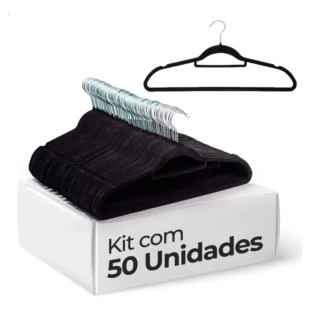 Vittak Kit 50 Cabides Veludo De Roupa Antideslizante Slim Adulto Cor Preto