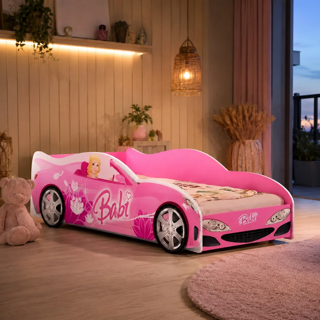 Cama Infantil Carro Menina Com Colchão Quarto Decorado Rosa Moderna Criança Confortável Madeira