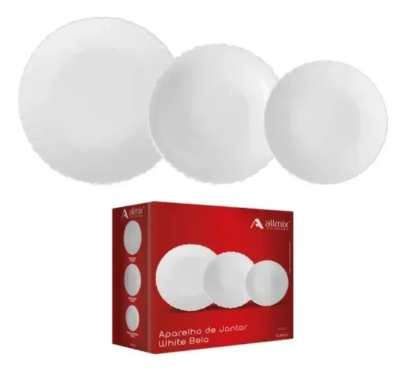 Aparelho De Jantar De Vidro White Bela Com 12 Pecas Allmix. Branco Lisa