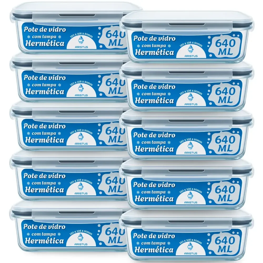 Kit 10 Potes Vidro Hermético Aristus 640ml Marmita Anti Vazamento Forno Micro-ondas Freezer Tampa 4 Travas - Cinza