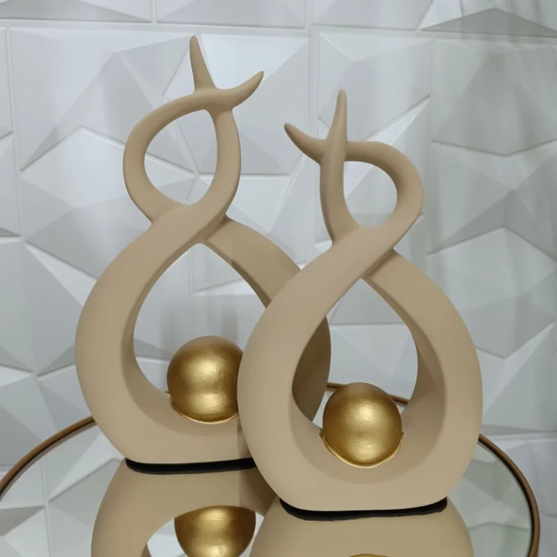 Par de Esculturas de Louças Abstratas Decoração para casa  – Esfera Dourada Bege Luxo