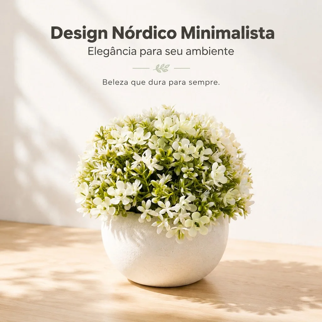 Mini Flor Artificial Branca Com Vaso Estilo Nórdico Minimalista