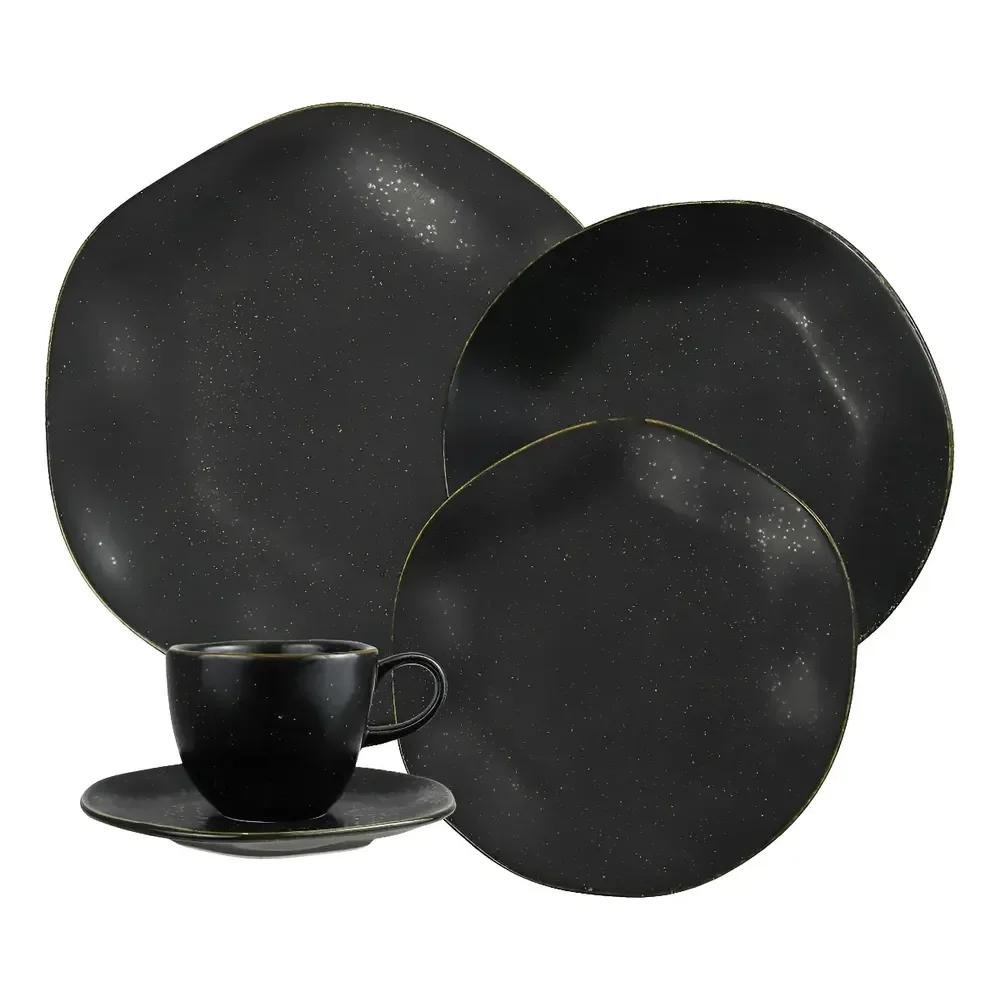 Aparelho De Jantar 30 Peças Volcano Oxford Ryo 151147 Porcelana Preto E Dourado Liso Acetinado Com Estalte Reagende