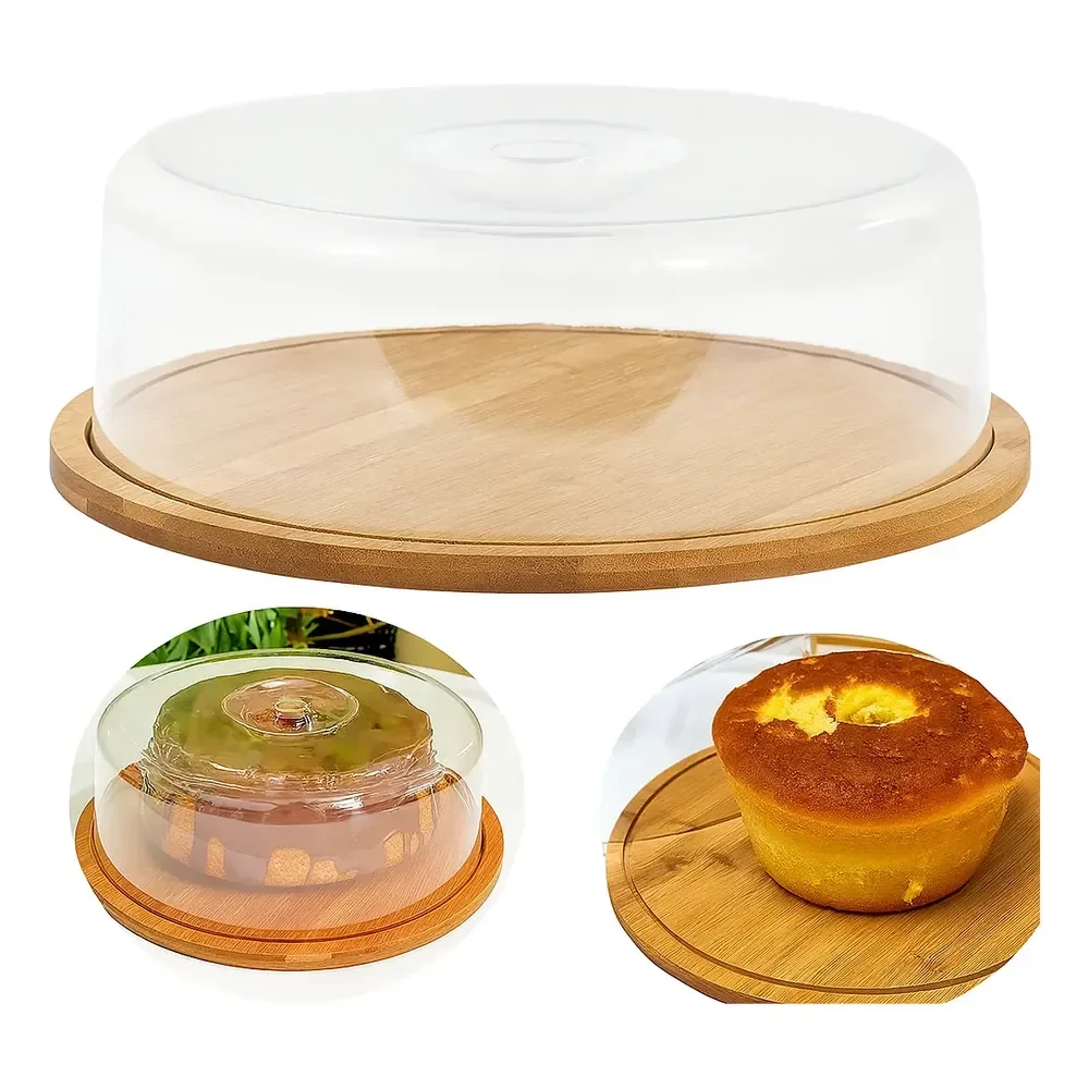 Porta Bolo Torta De Bambu Boleira Com Tampa Acrílica 28 Cm