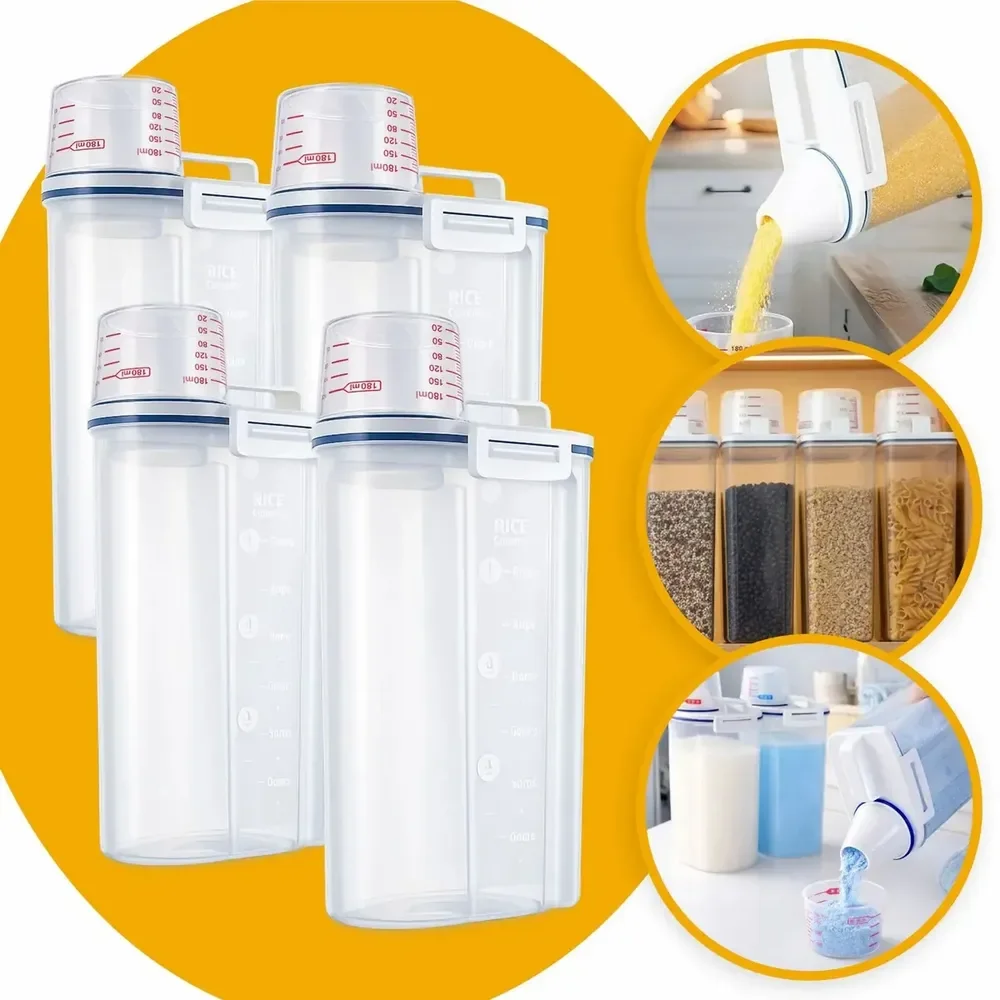 Conjunto 4 Potes Herméticos 2,5 Litros Multiuso Dispenser De Armazenamento De Grãos Cereais Ração Sabão Com Copo Medidor E Bico Dosador Com Travas Dispenser Alimento 2,5 Litros Drop Shopy Incolor
