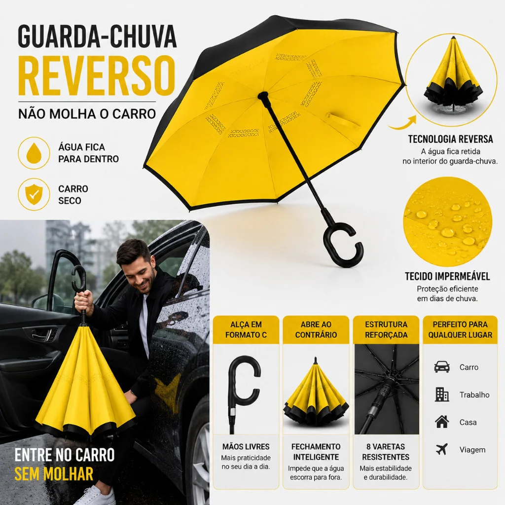 Guarda-Chuva Invertido Grande Resistente ao Vento Impermeável com Alça em C Reforçada