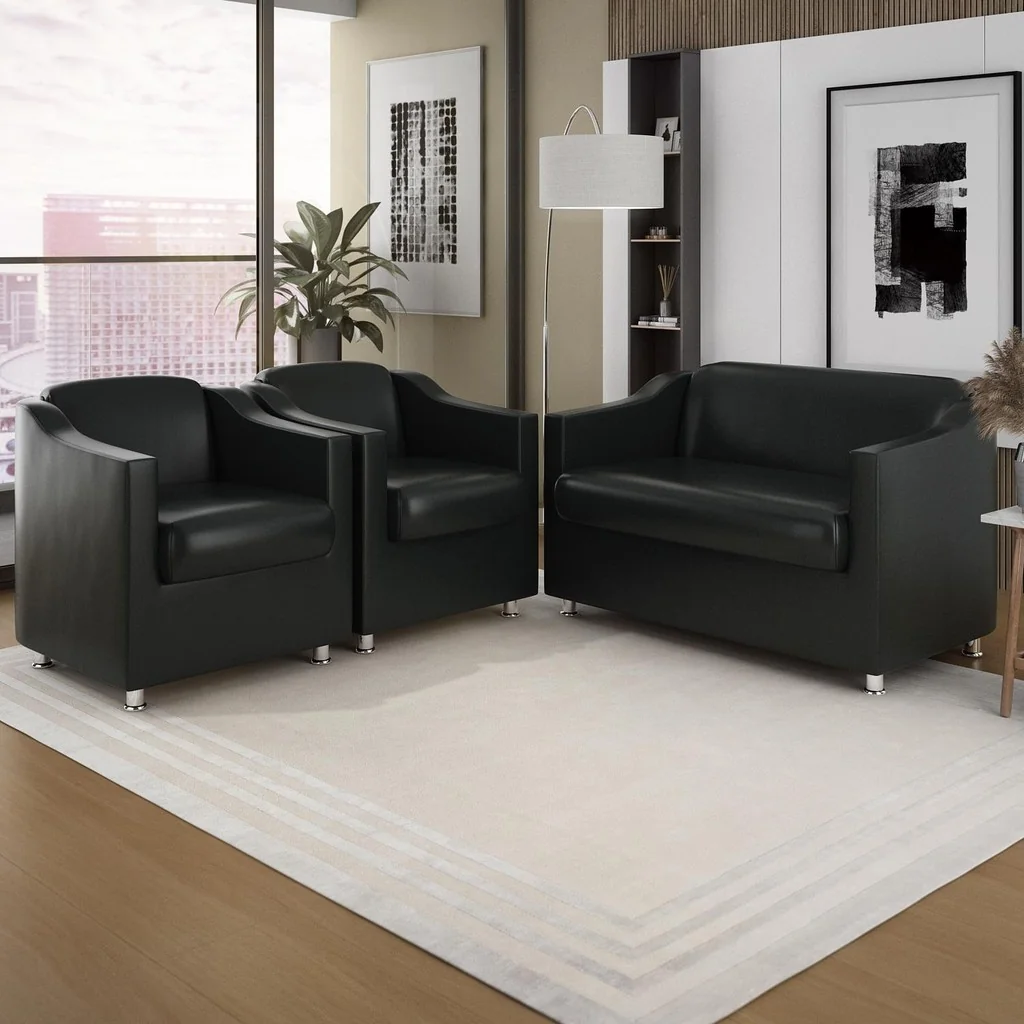 Kit Sofá Namoradeira + 2 Poltronas Decorativa Tecido Courino
