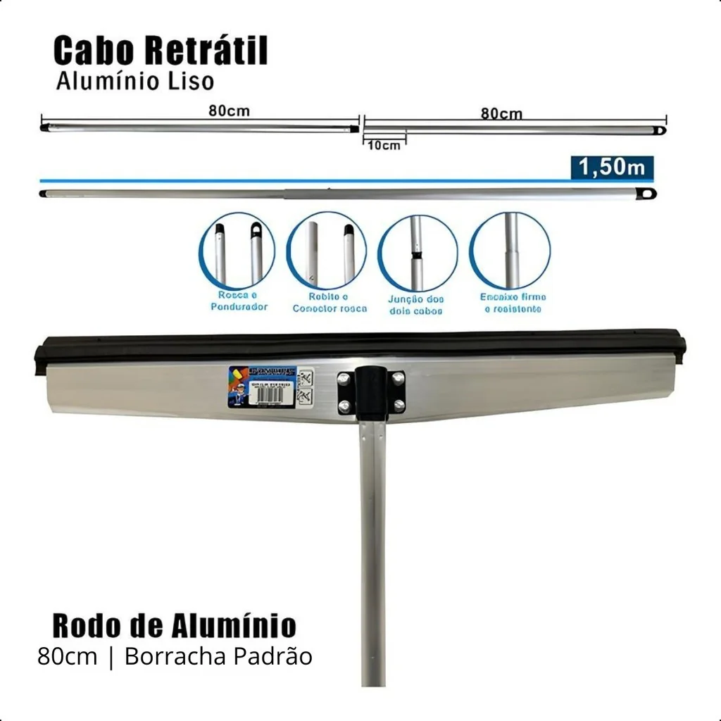 Rodo Alumínio 80cm Cabo Retrátil extensor 1,50 Limpeza pesada