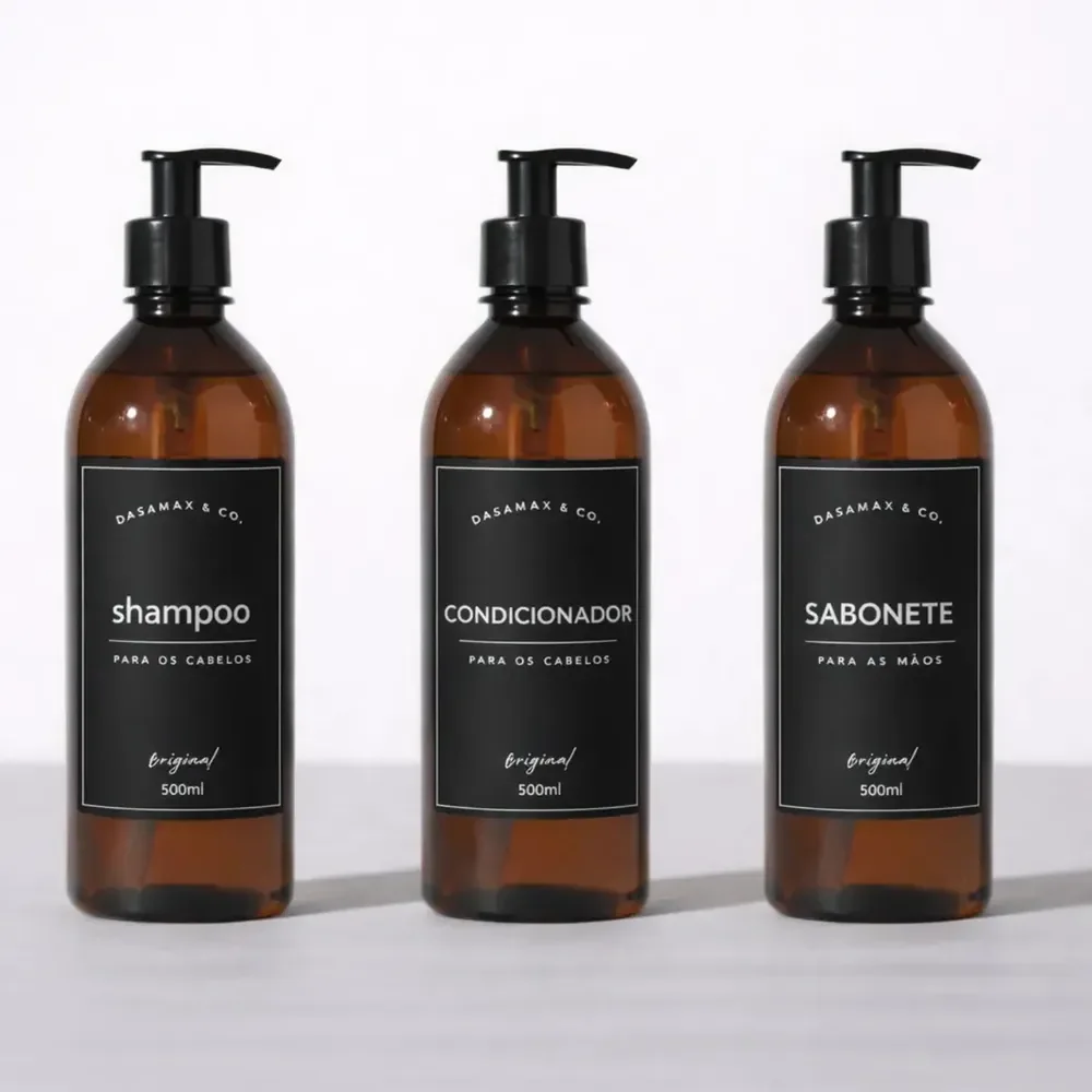 Kit Banheiro 3 Frascos 500ml Shampoo Condicionador Sabonete Trio Âmbar Preto Alto