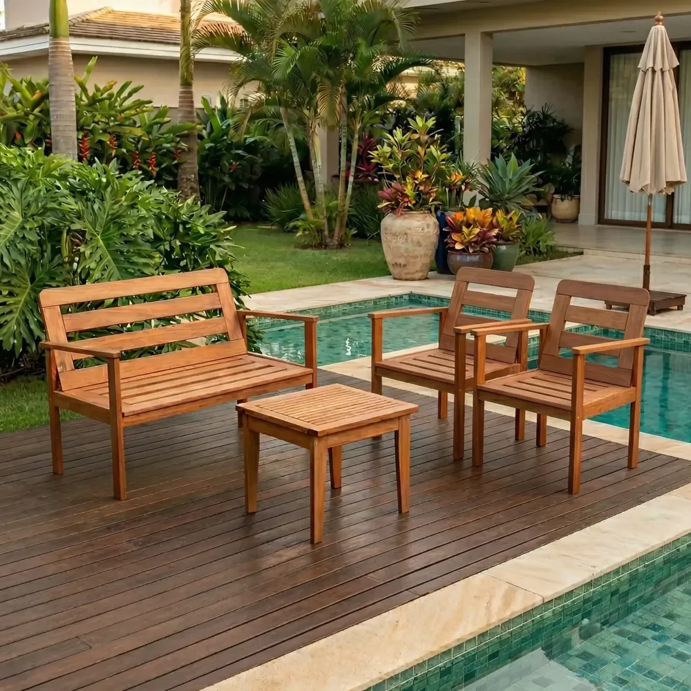 Conjunto Yescasa Jardim 1 Sofá 2 Poltronas E Mesa Madeira