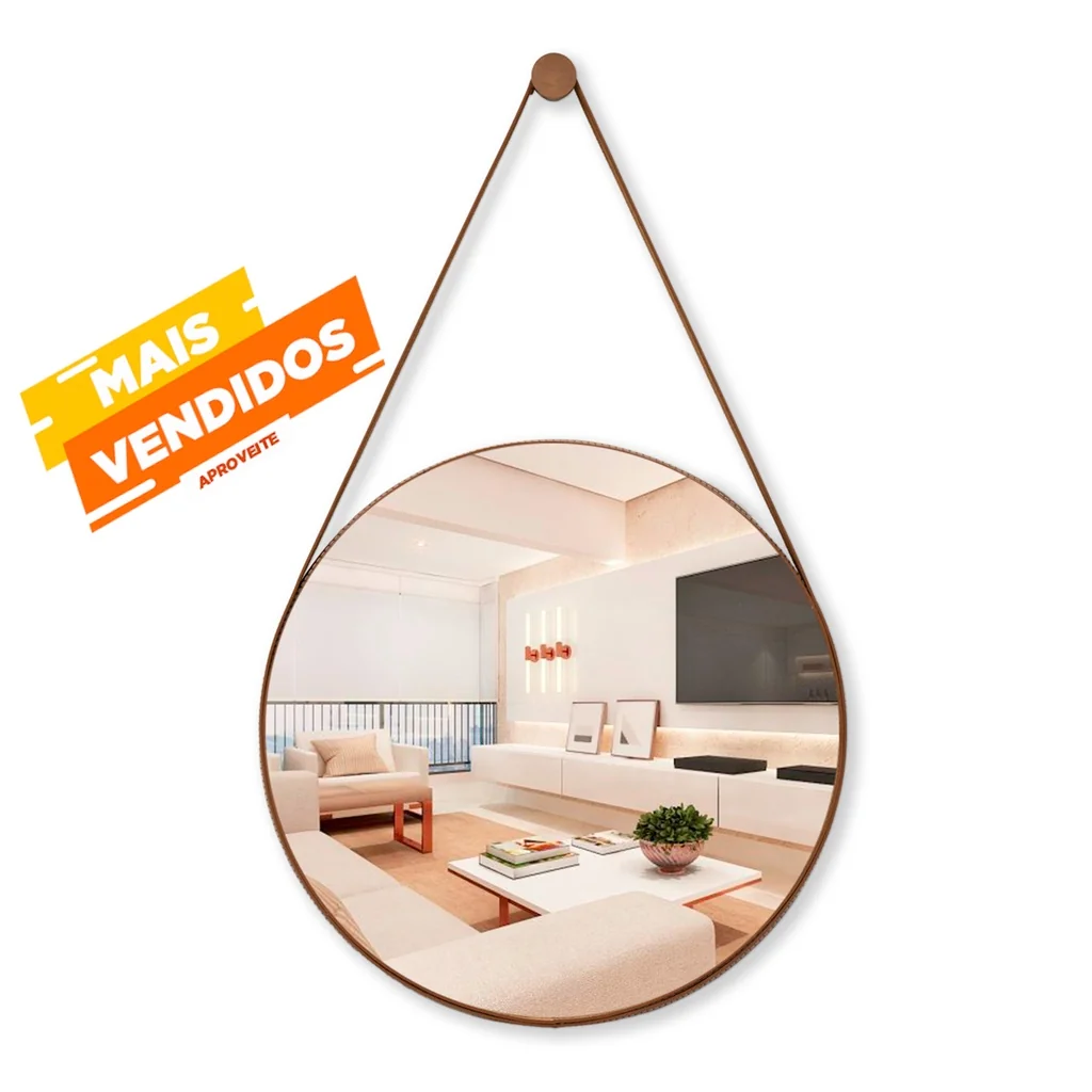 Espelho Redondo Decorativo Banheiro 60cm 40cm 30cm e 20cm Suspenso Adnet Alça Couro + Pino