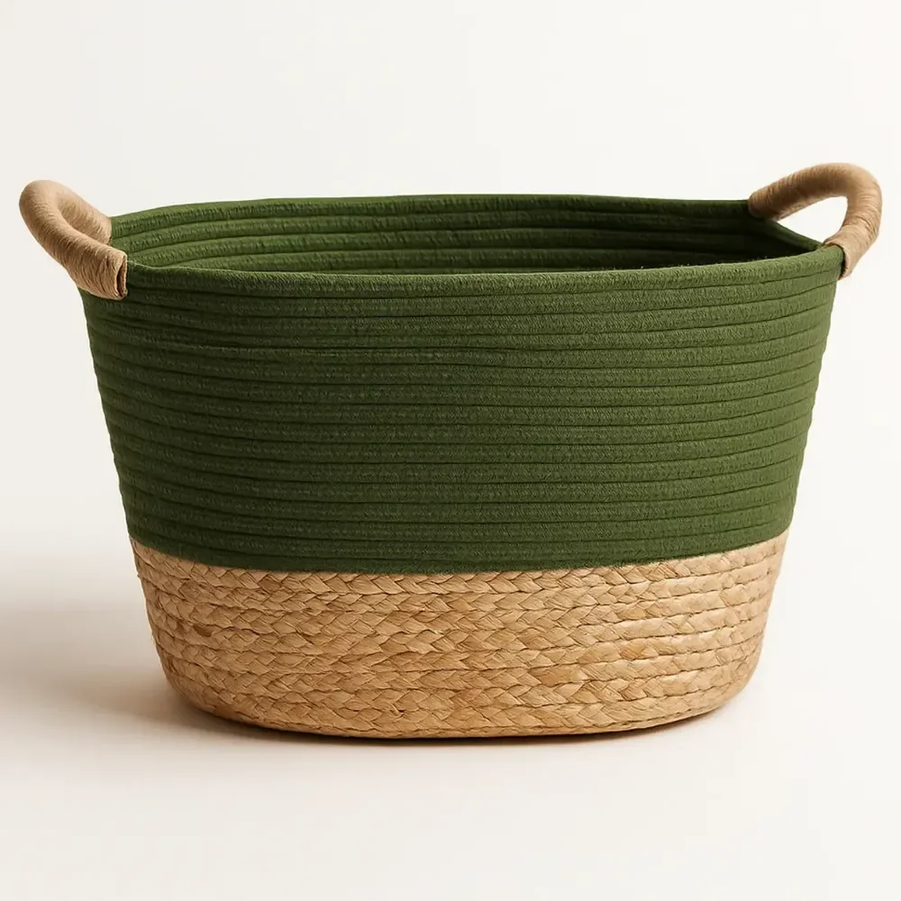 Cesto Fibra Natural Organizador Manta Roupa Sala Casa Jardim Fibra E Algodão Verde Esmeralda