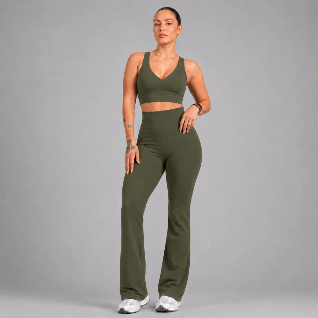 Conjunto Feminino Fitness Calça Flare Bailarina + Top Decote V  Zero Transparência Ideal Dia a Dia
