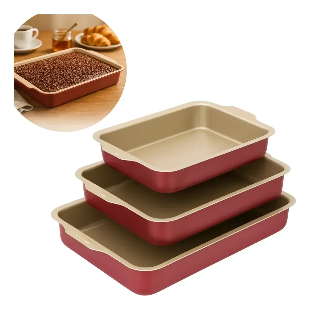 Conjunto Assadeiras Alta Antiaderente Retangular 1 A 3 Cereja Com Bege