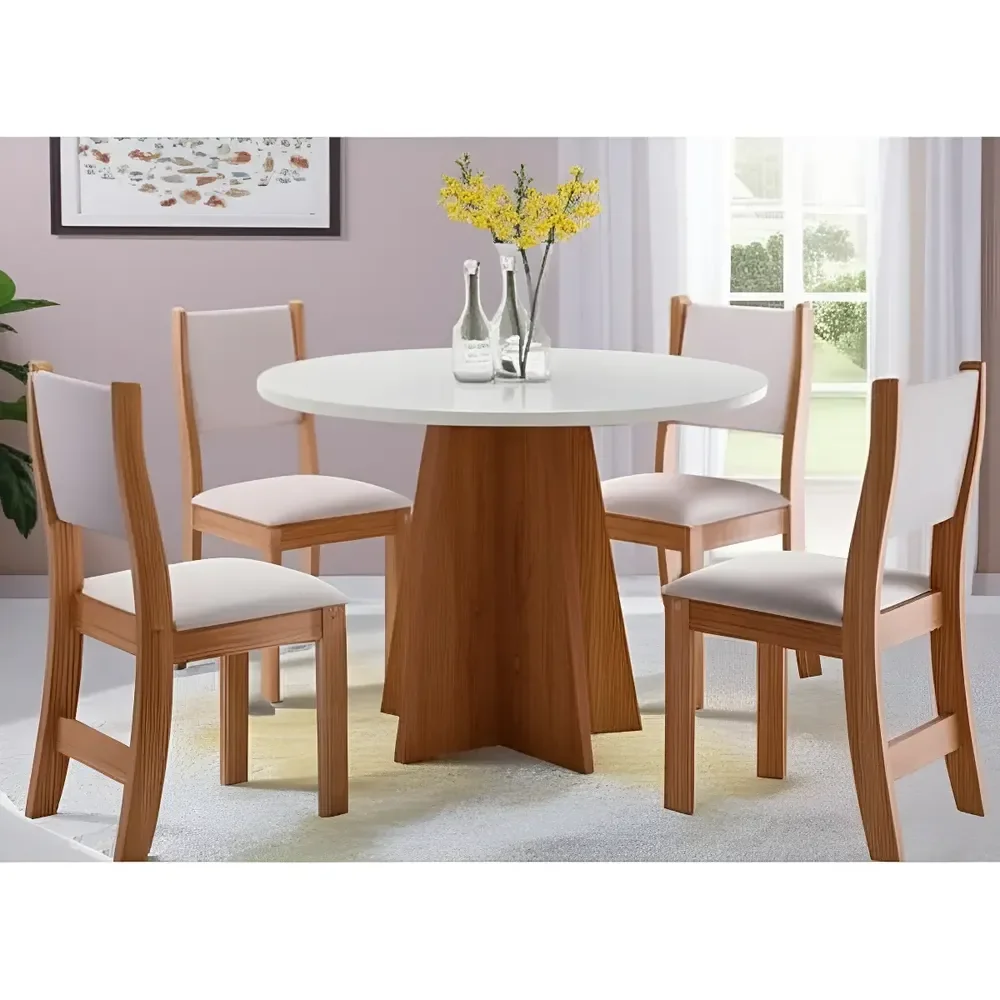Conjunto De Mesa Vieiro Slin Redonda Com 4 Cadeiras Tampa Linho Pés Amendoa