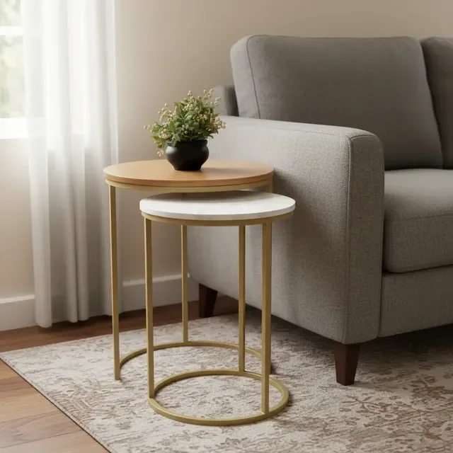 Mesa De Canto Redonda Dourado Com Tampo Em Mdf