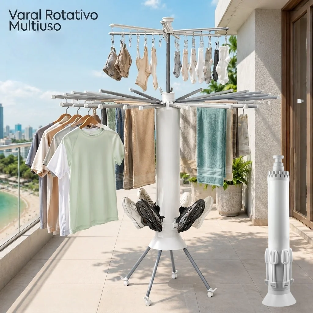 Varal Retrátil de Chão Vertical Inox com Rodinhas Organizador de Roupas Cabideiro Multiuso para Casa e Apartamento