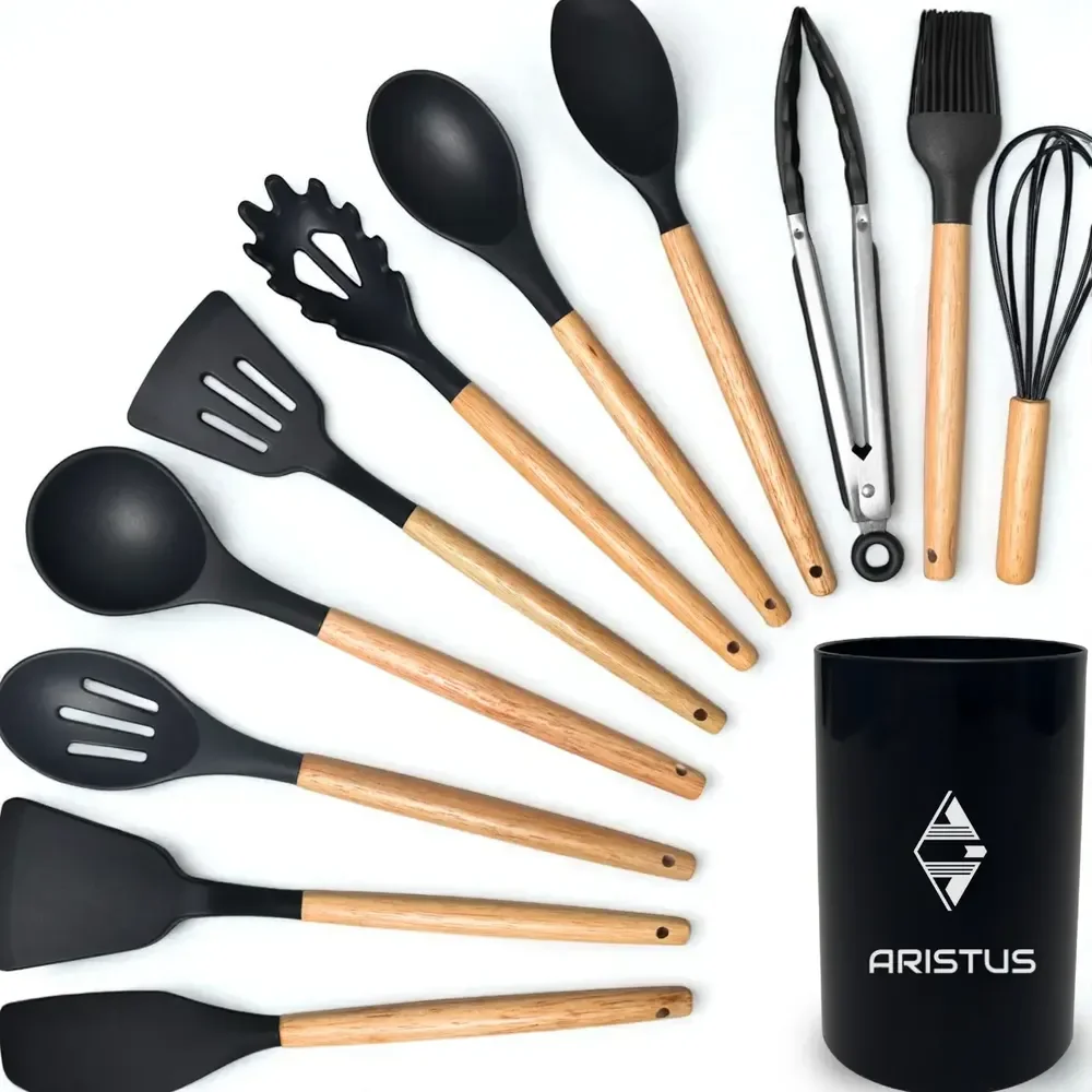 Kit 12 Utensílios De Cozinha Em Silicone Premium Com Cabo De Madeira Resistentes Ao Calor Até 220°c, Antiaderentes, Duráveis E Modernos Cor Preto