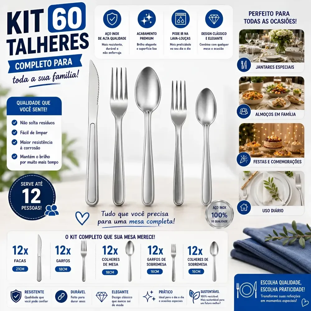Jogo De Talheres 60 Peças Aço Inox Completo