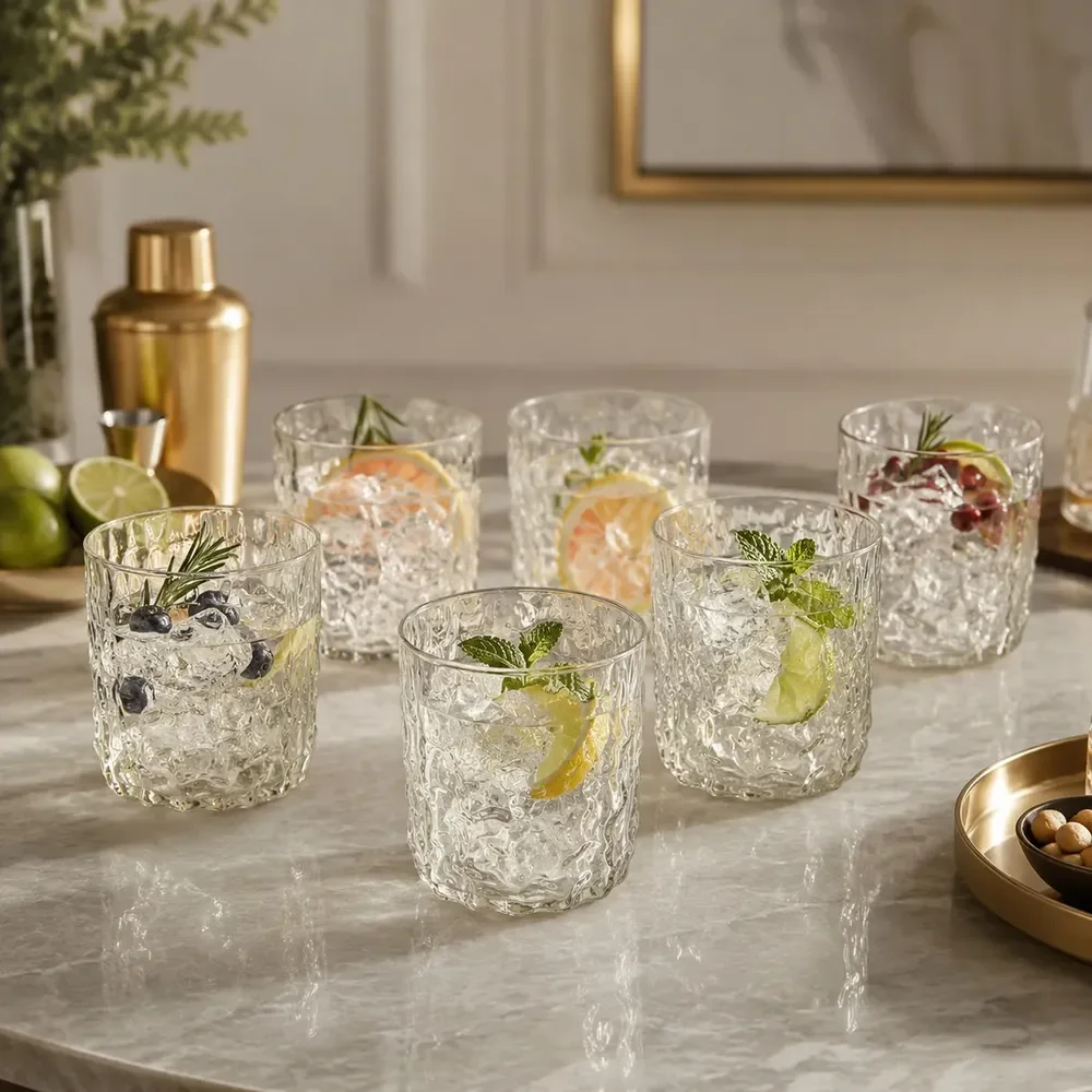 6 Copos Baixos Vidro Transparente Martelado drink