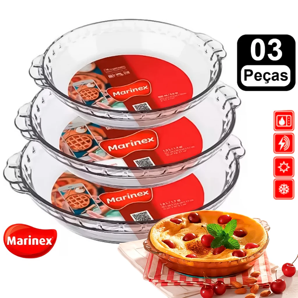 Jogo 3 Assadeiras Vidro Filetada Marinex 0,6L 1,3L 1,6L Conjunto Forma PMG Decorações Bolo Pudim