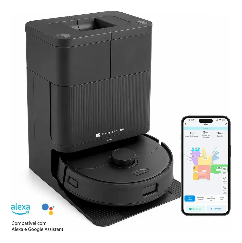 Robôs Aspirador de Pó Automático 4 em 1 - Kuanttum X20 20000 PA com Base Autolimpante e Mapeamento inteligente wifi Laser Preto Alexa e Google Lançamento 2026