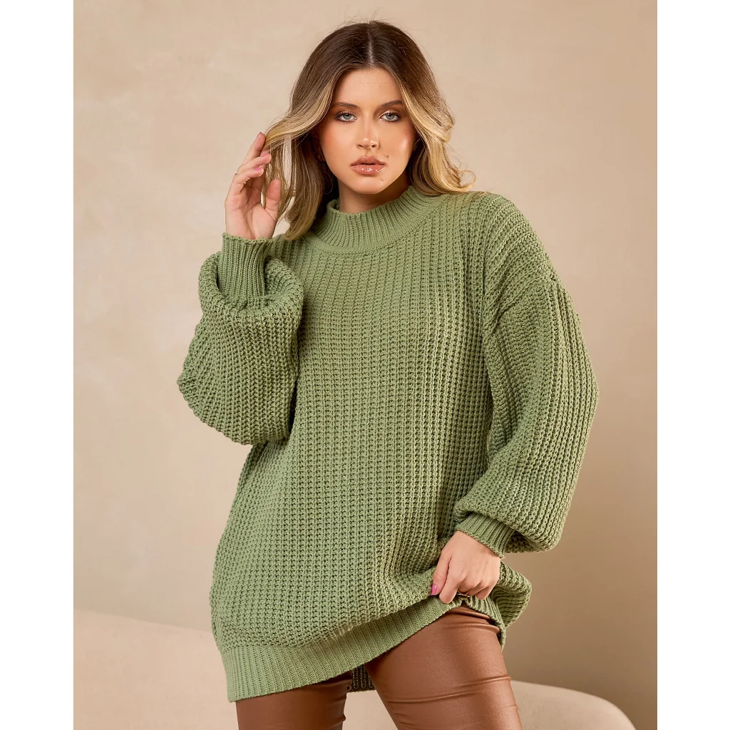 Blusa Tricô Oversized Manga Longa De Lã Feminina Inverno Outono Estilo Tumblr Confortável Fashion