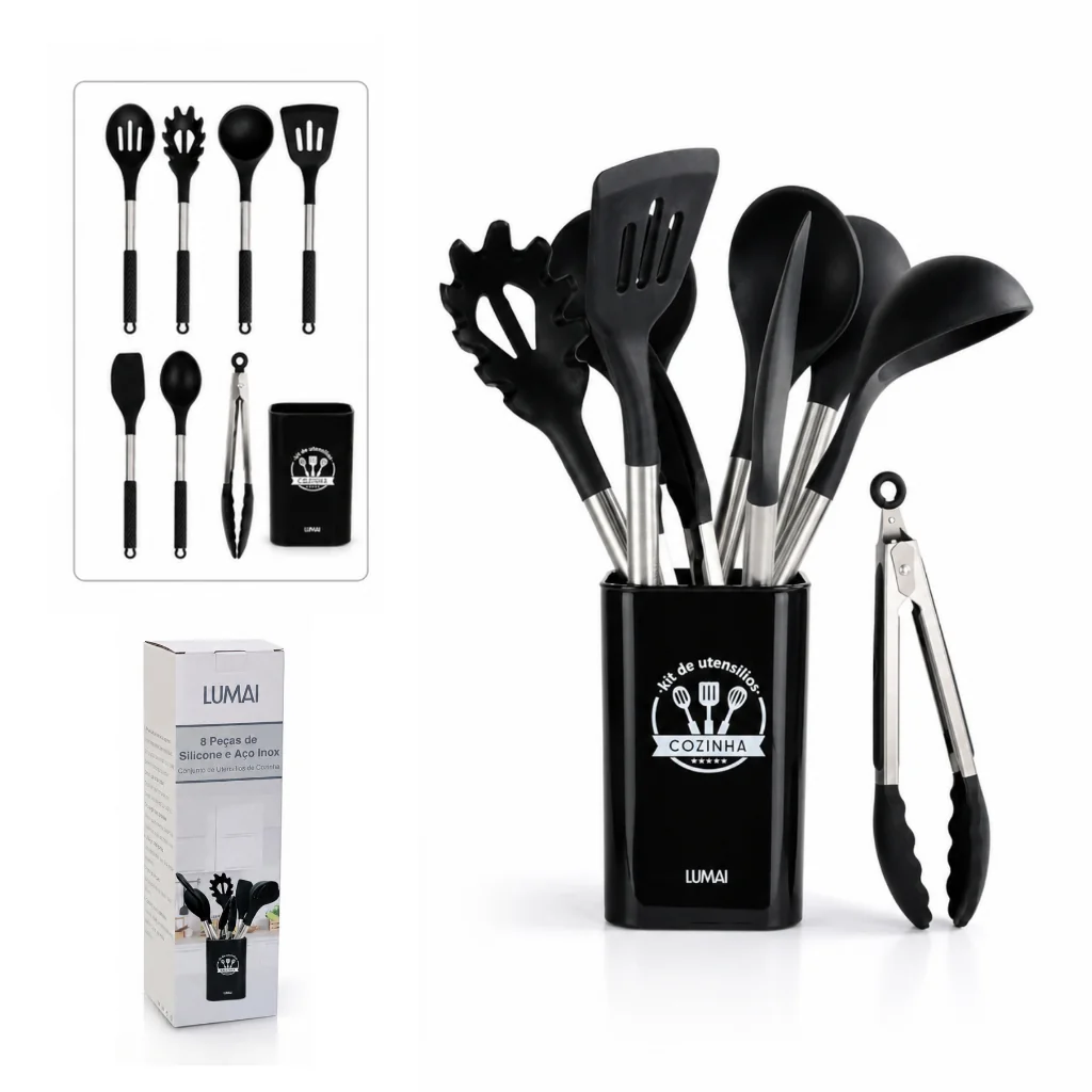 Kit 8 Utensílios de Cozinha de Silicone Preto e Aço Inox Grande com Balde - Original LUMAI