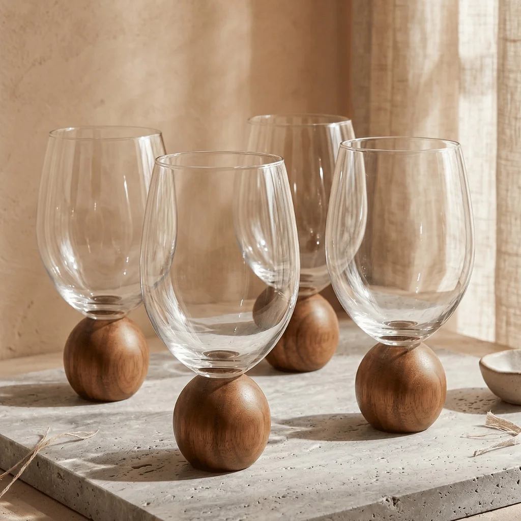 Jogo 4 Copos Mori em vidro bubble Esfera Bola madeira acácia 450ml Luxo Moderno Design Orgânico