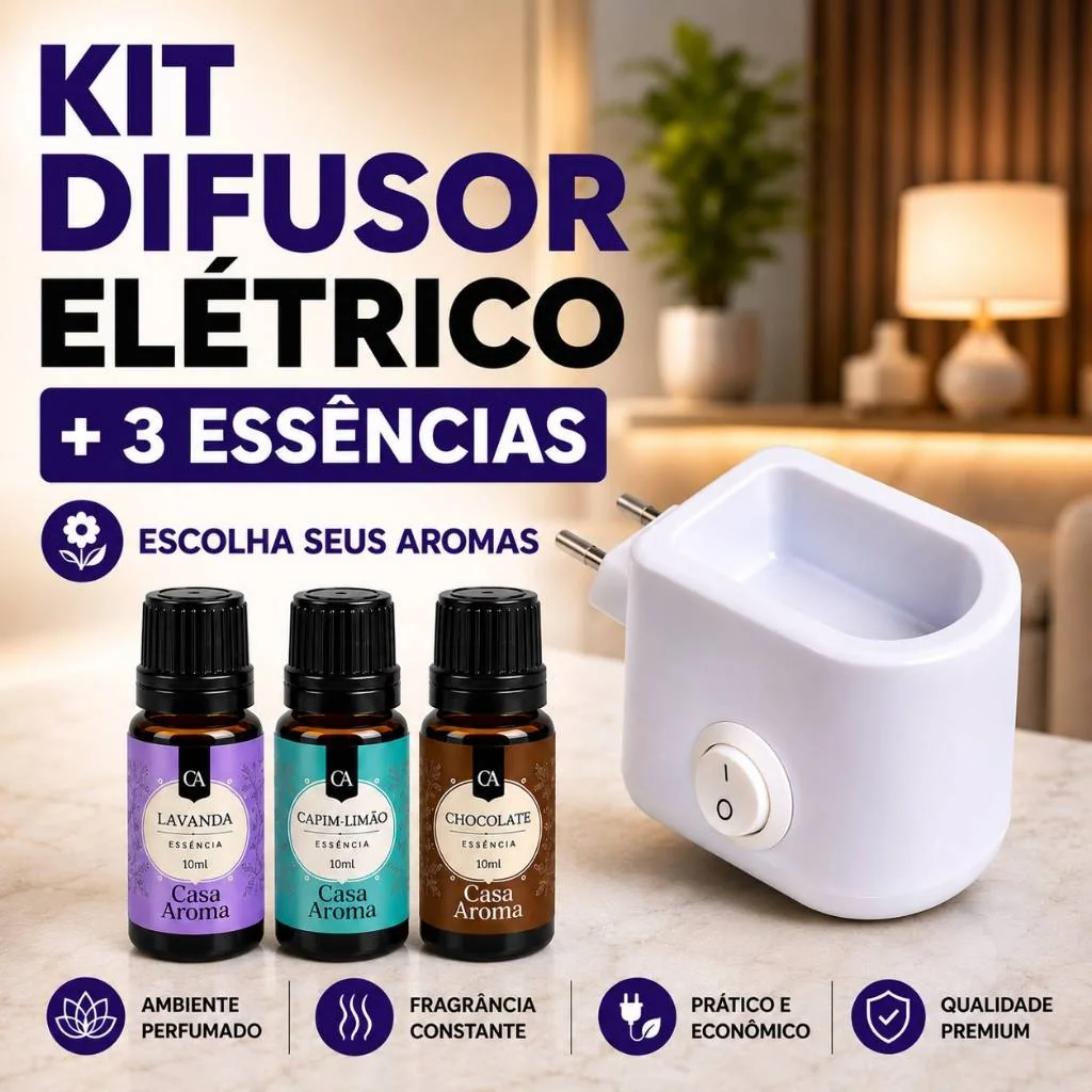 Kit 3 Essência Pura Super Concentrada para Aromatizador Ambiente + 1 Difusor Elétrico  Bivolt