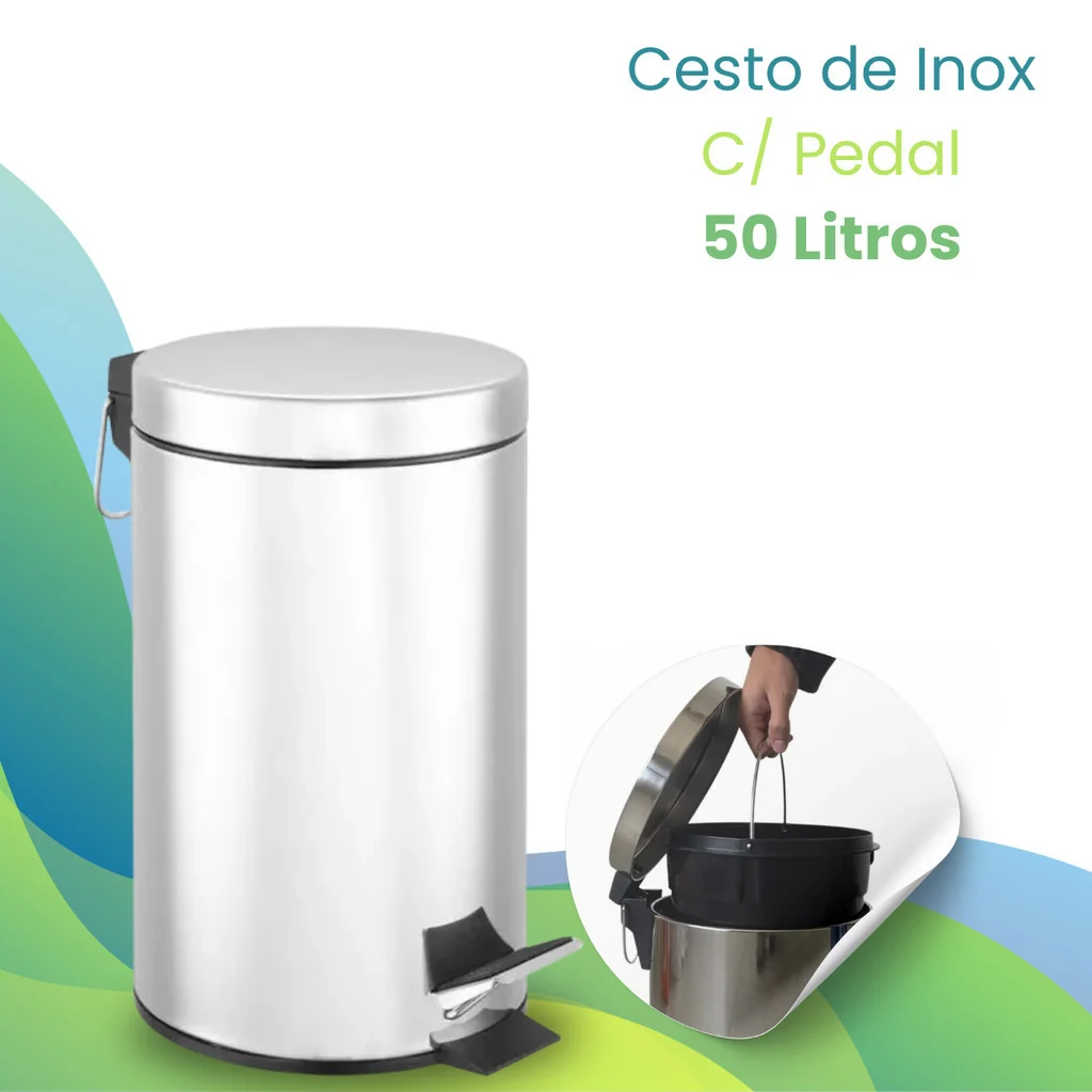 🧡 Lixeira Inox 50 Litros Com Pedal Cesto Balde Interno Removível ​Aço Inox