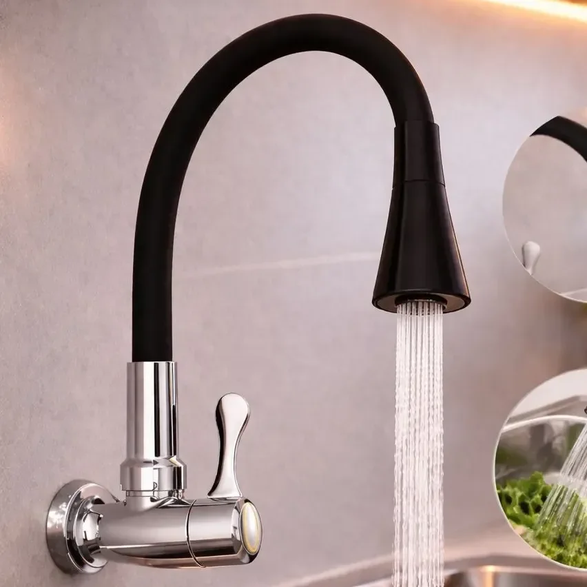 Torneira Flexível Parede Cozinha Preto Pressurizada Moderna Preto Fosco