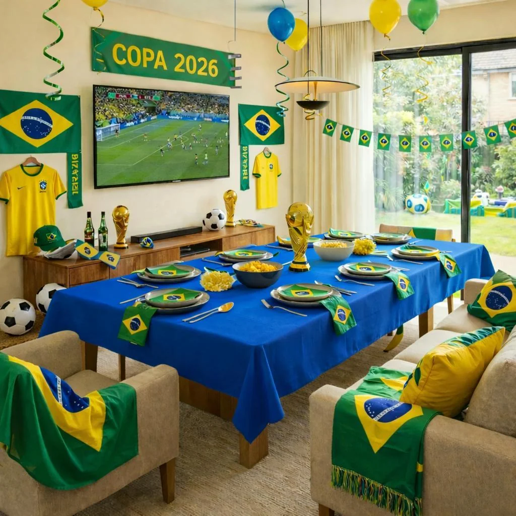 Toalha Copa do Mundo Azul, Amarela e Verde 2,20m x 1,45m – Tamanho Grande Decorativa e Temática ⚽🇧🇷