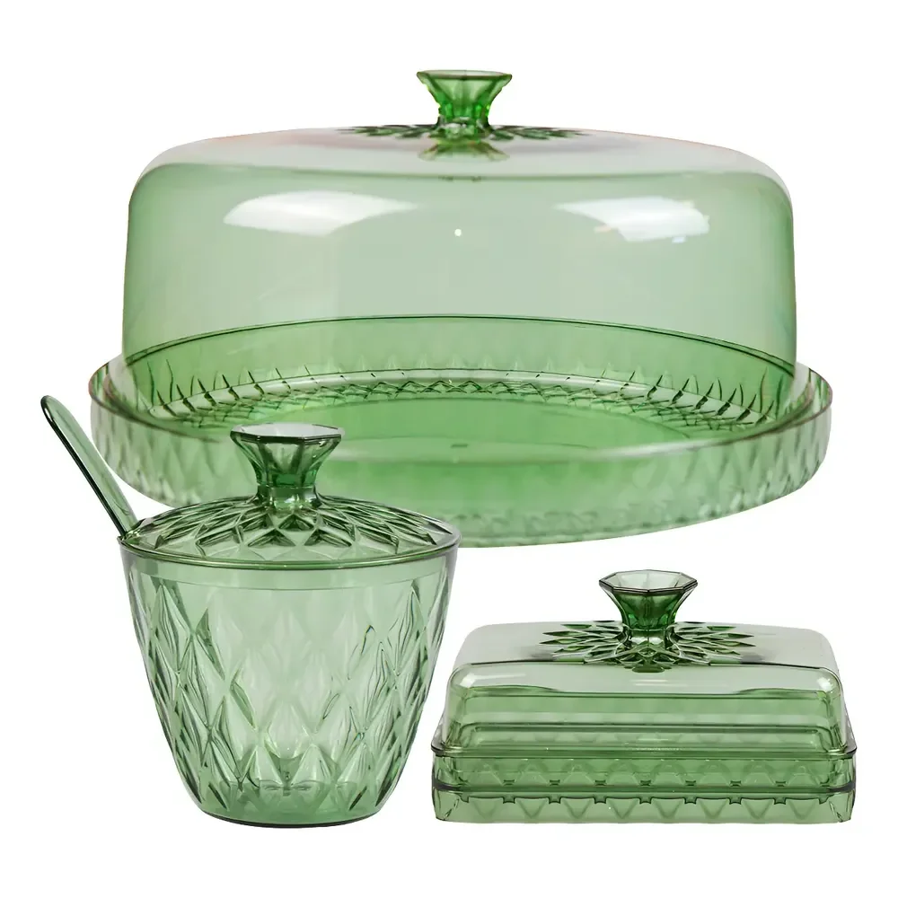 Kit Boleira Borda Alta Com Açucareiro E Manteigueira Com Base Acrílica Esmeralda Verde-escuro