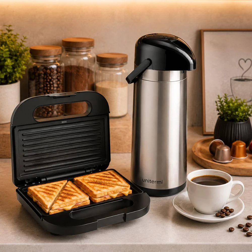 Kit Café da Manhã Sanduicheira Elétrica 750W + Garrafa Térmica 1L c/ Alça - Pressão Cozinhas Lanches