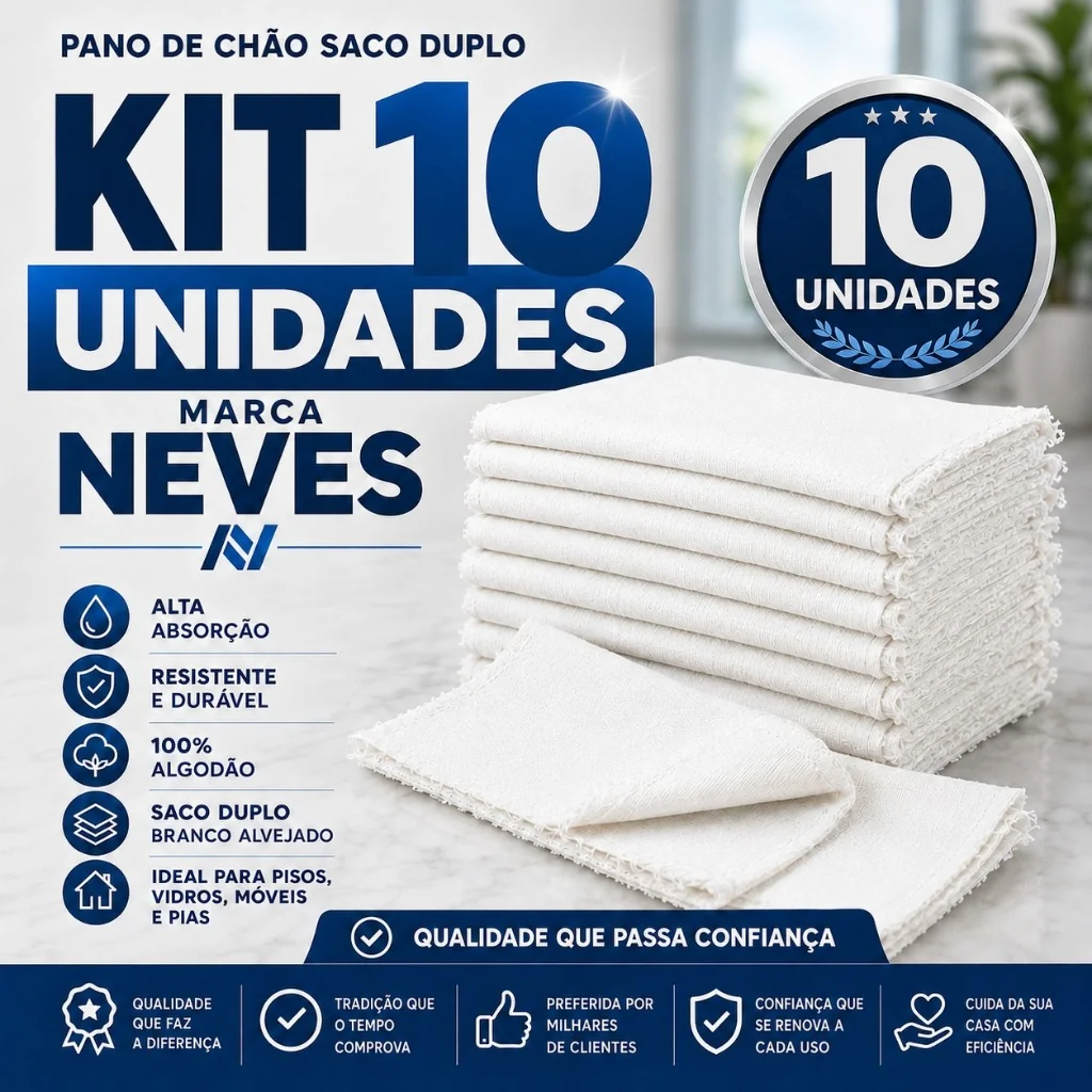 Kit Com 10 Pano De Chão Grande Branco 45x70 Cm Branco Neves Duplo 70 Gramas Saco Alvejado Grande