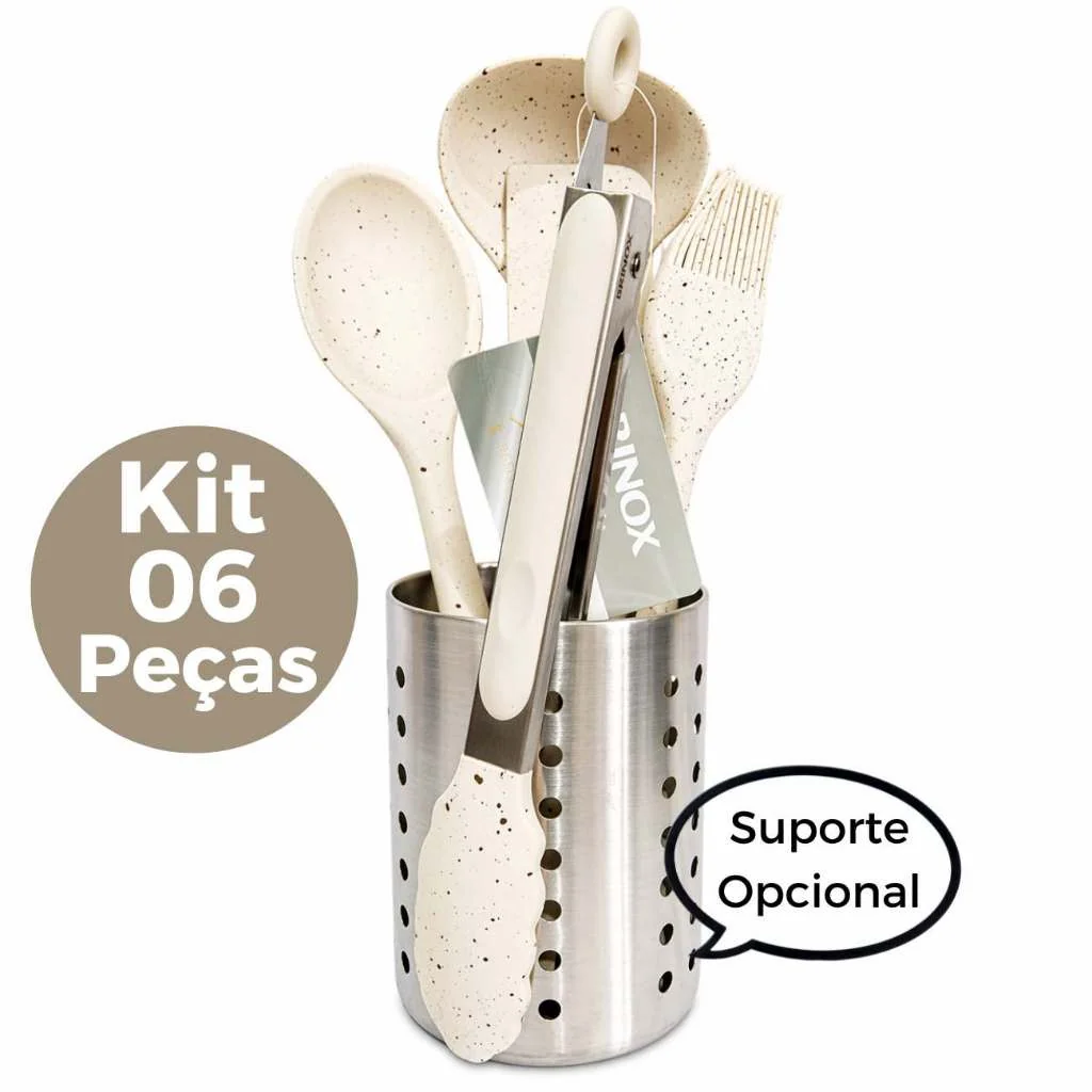 Kit Utensílios Cozinha Silicone Premium Brinox Flex 06 Peças Suporte Inox Opcional