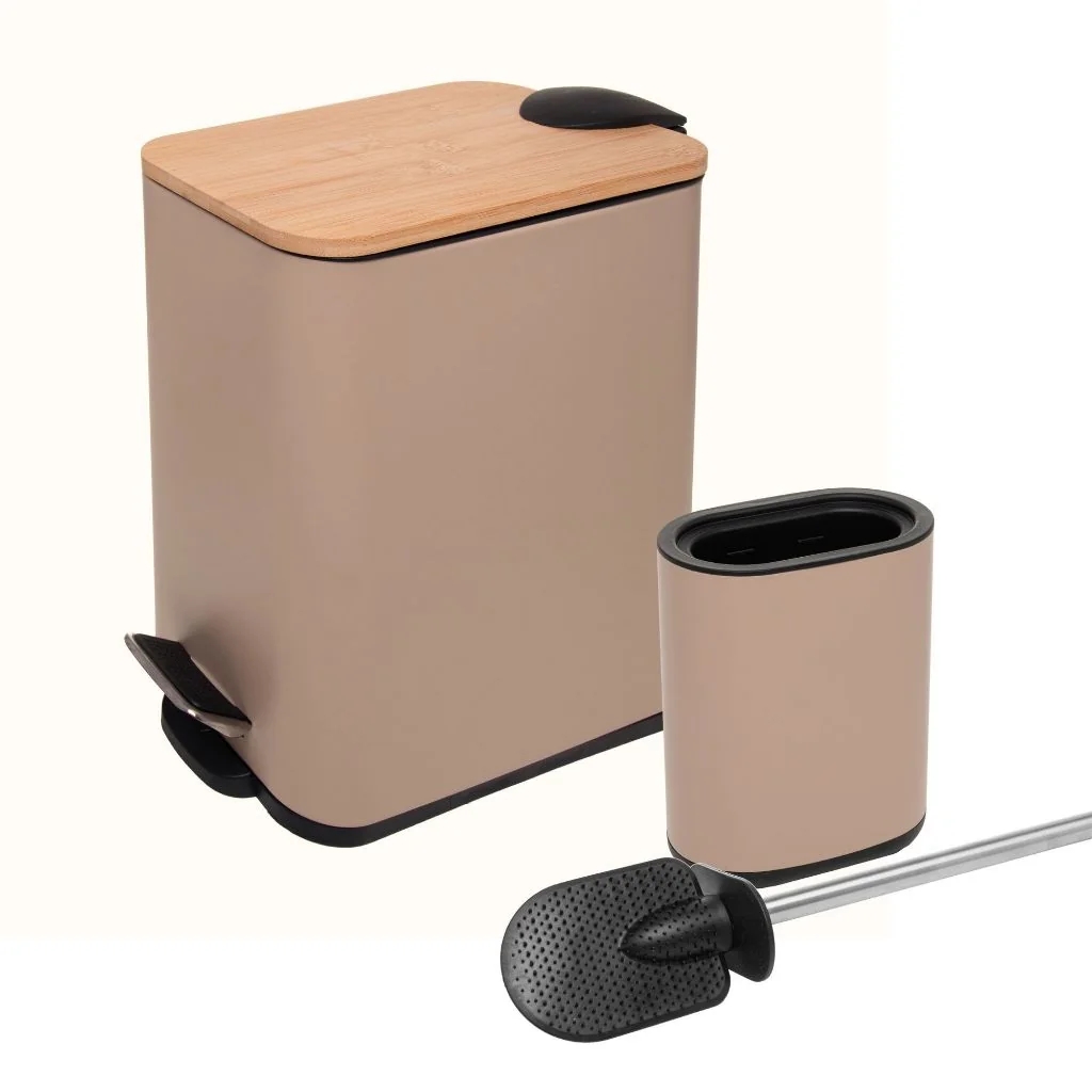 Lixeira Redonda ou Retangular com Pedal e Tampa de Bambu 5L opção com Escova Sanitaria - Lyor