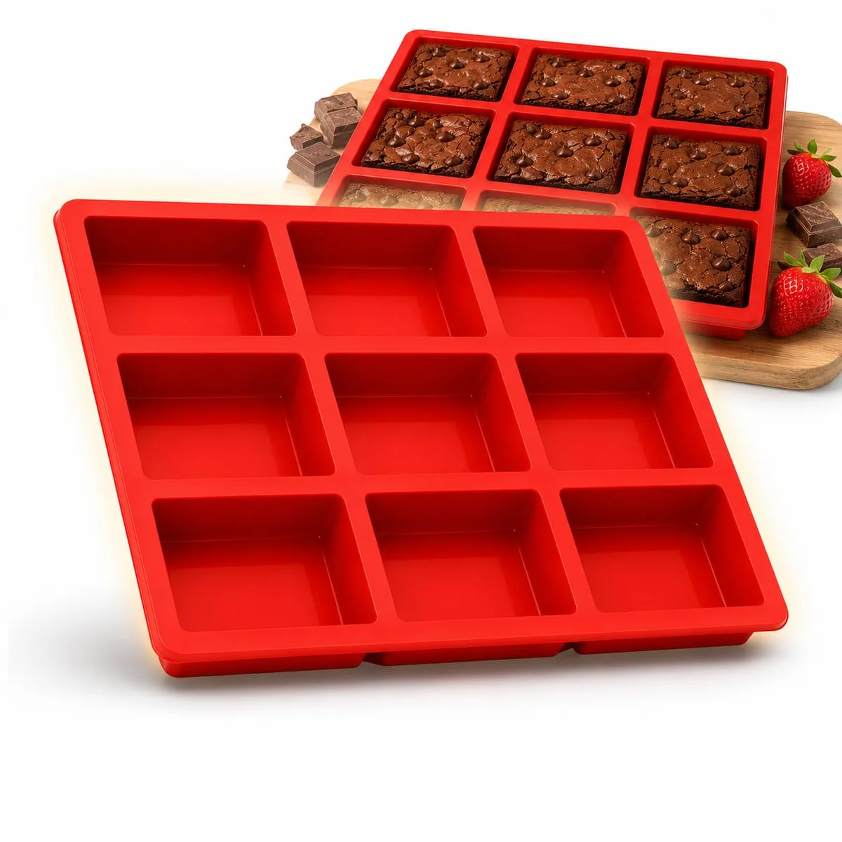 Forma de Silicone Retangular 9 Cavidades Antiaderente para Brownie, Chocolate, Sabonete Artesanal, Gelo, Mini Bolo e Sobremesas | Resistente até 230°C e -40°C