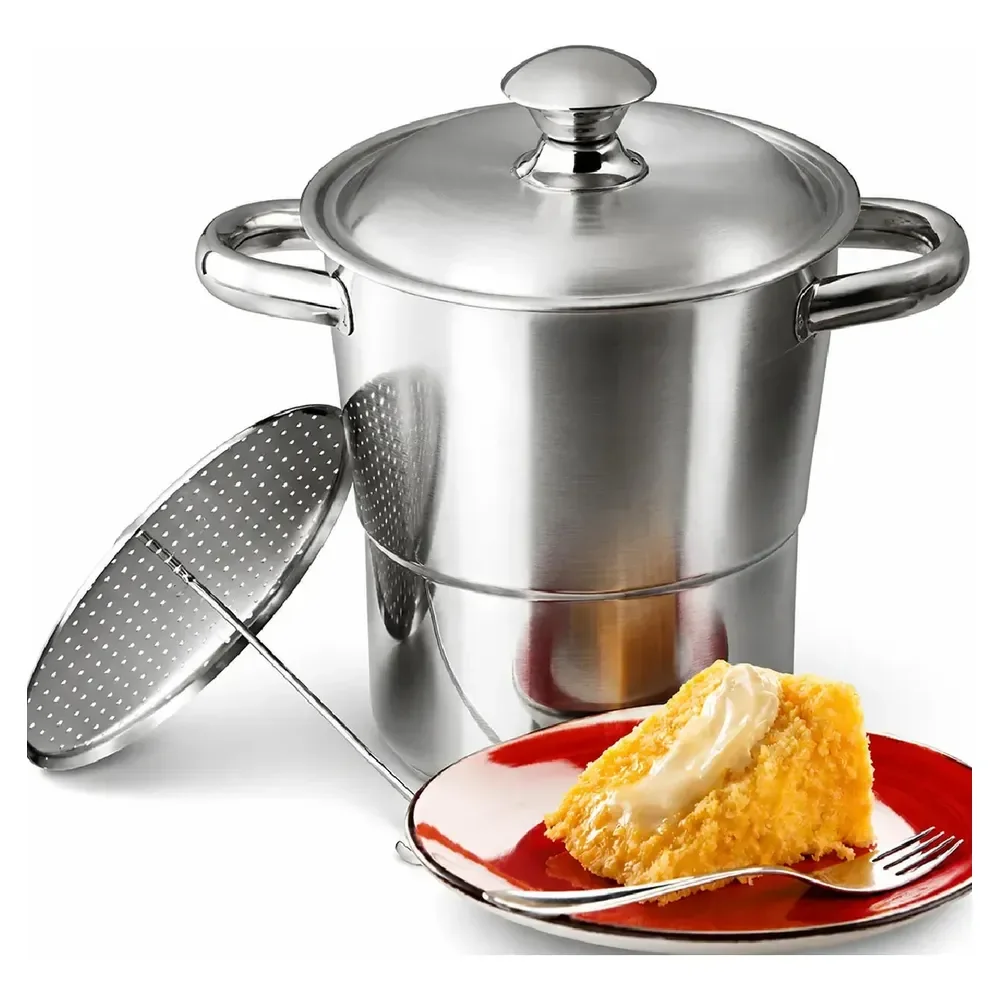 Panela Cuscuzeira Inox 16cm 2,5l Fogão Indução Gás Aço Inoxidável Cozedor A Vapor Para Cuscuz Nordestino Compatível Cooktop Elétrico Vitrocerâmico Fundo Triplo Utensílio Cozinha Tophus Prateado