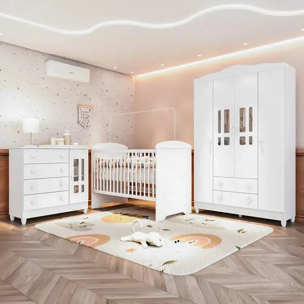 Quarto De Bebê Completo 3 Peças Berço 3 Em 1 Eloá Da Branco