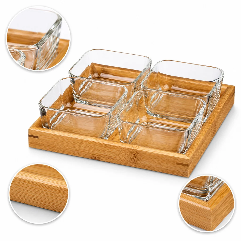 Kit Petisqueira 4 Bowls 290Ml Bandeja Bambu 04 travessas de vidro Aperitivo