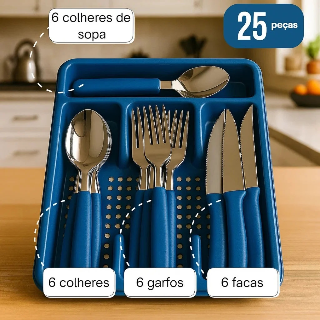 Jogo de 24 Talheres Com Brinde Suporte Gaveteiro ou Pote Premium Garfo Colher Sortido
