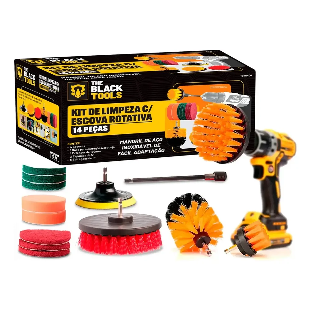 Kit 14 Escovas Rotativa Giratoria Limpeza Encaixa Uso Furadeira Parafusadeira Tcw1400 The Black Tools Amarelo