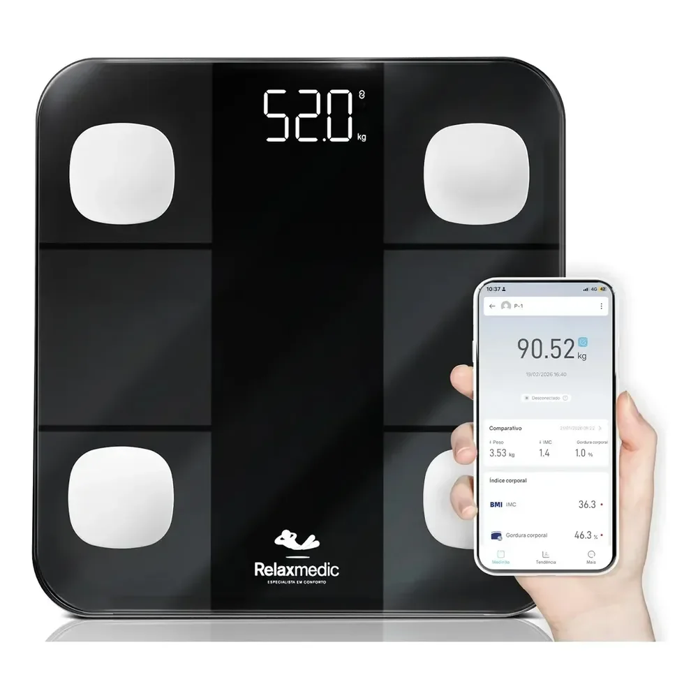 Balança Digital Corporal Bioimpedância Aplicativo Bluetooth Relaxmedic Preta